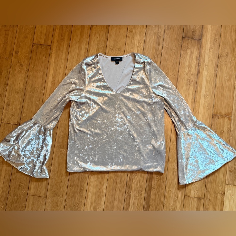 Karen Kane Velvet Blouse in Tan with Flare Sleeves
